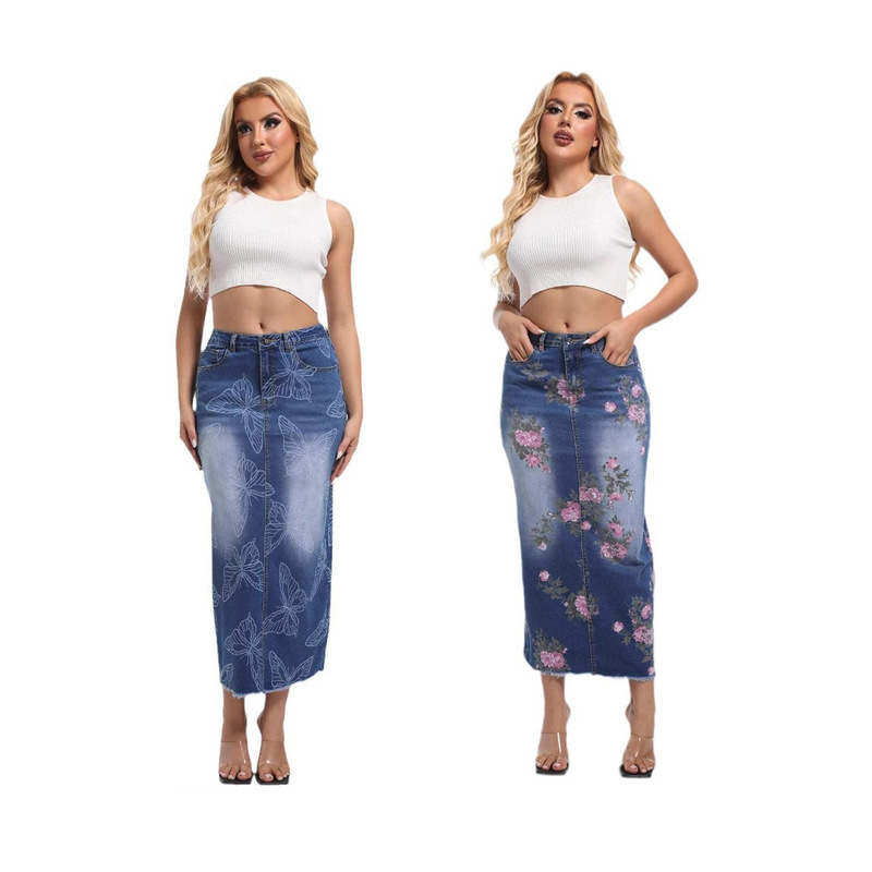 New Style Hip-Hugging Printed Denim Skirt, European and American Versatile Slim-Fit Slip-On Skirt with Back Slit, Blue Long Skirt for Women
