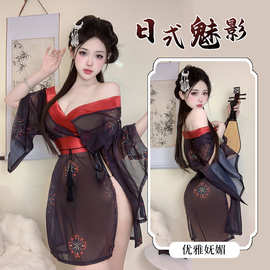 性感日系情趣内衣和服制服纯欲免脱睡衣印花睡衣黑色角色套装