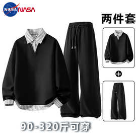 NASA假两件加肥加大休闲套装男款秋季美式宽松大码翻领卫衣两件套