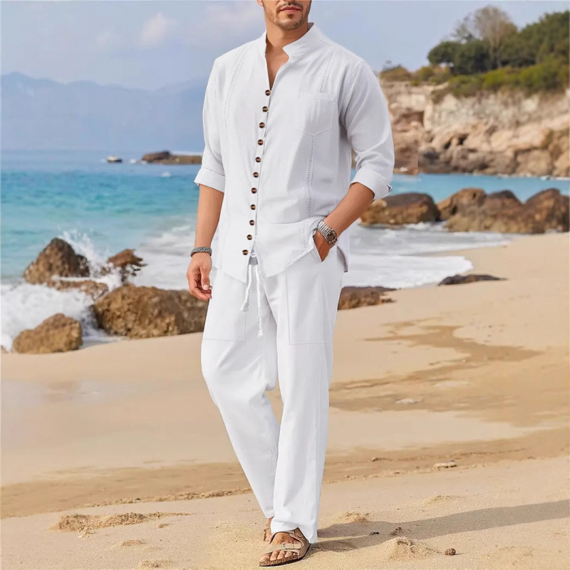 2025 Spring and Autumn Amazon Aliexpress European and American Cross-Border Men's Shirts Casual Loose Long-Sleeved Pants Beach Suits 2025 Spring and Autumn Amazon Aliexpress European and American Cross-Border Men's Shirts Casual Loose Long-Sleeved Pants Beach Suits