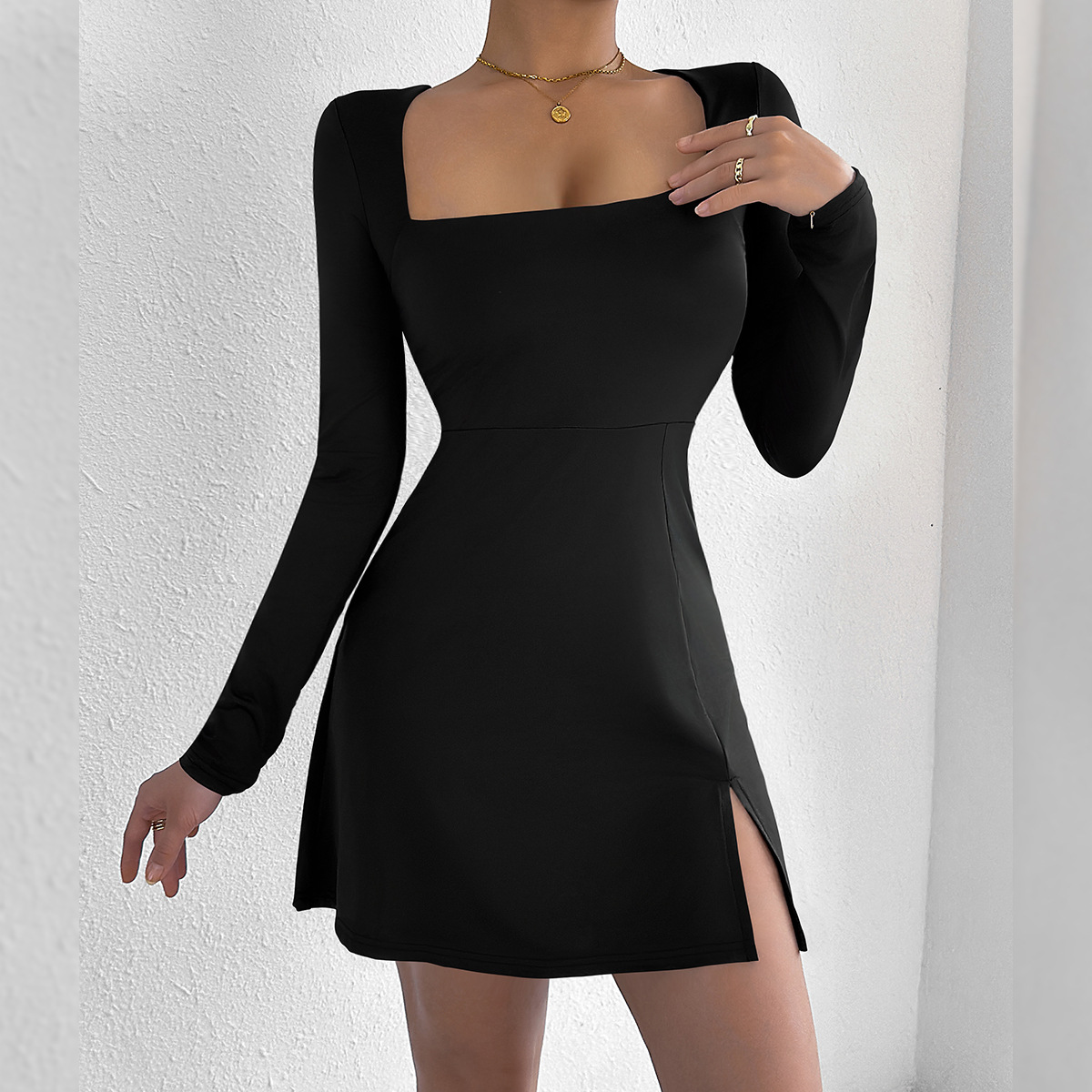 Women's Square Neck Long Sleeve Mini Dress American Style Tight Fit Sexy Fashion Casual Elegant Design For Summer_ecoleips.com