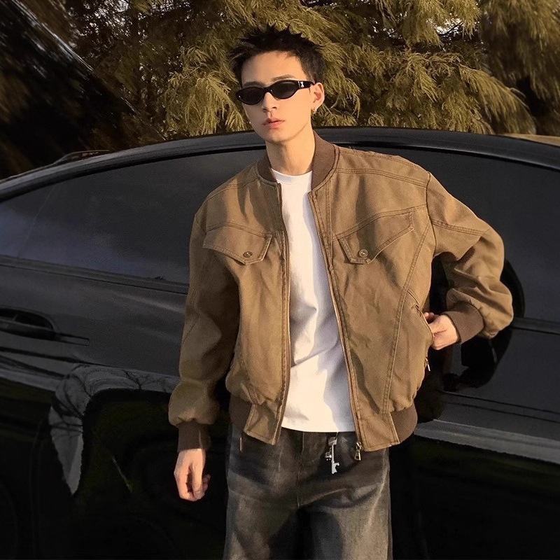 Cleanfit Brown Short Harrington Jacket American Retro Work Jacket Men's Trendy Brand Pilot Baseball Uniform Cleanfit Brown Short Harrington Jacket American Retro Work Jacket Men's Trendy Brand Pilot Baseball Uniform