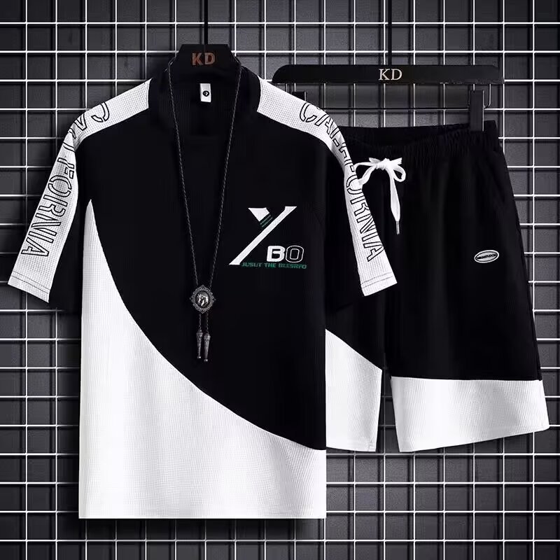 Camisas y menos ropa, pantalones cortos de gofro, tendencia de verano para hombres, traje deportivo de ocio suelto de cinco puntos