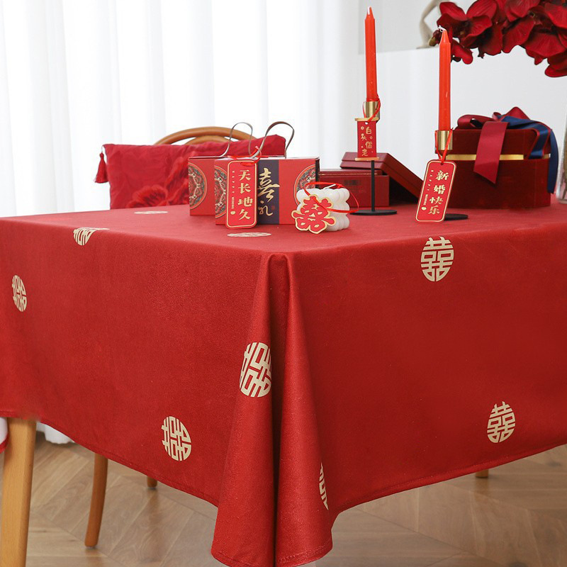Double Happiness red tablecloth for wedding, rectangular, festive wedding celebration, engagement party table setting, Chinese square table, coffee table cover