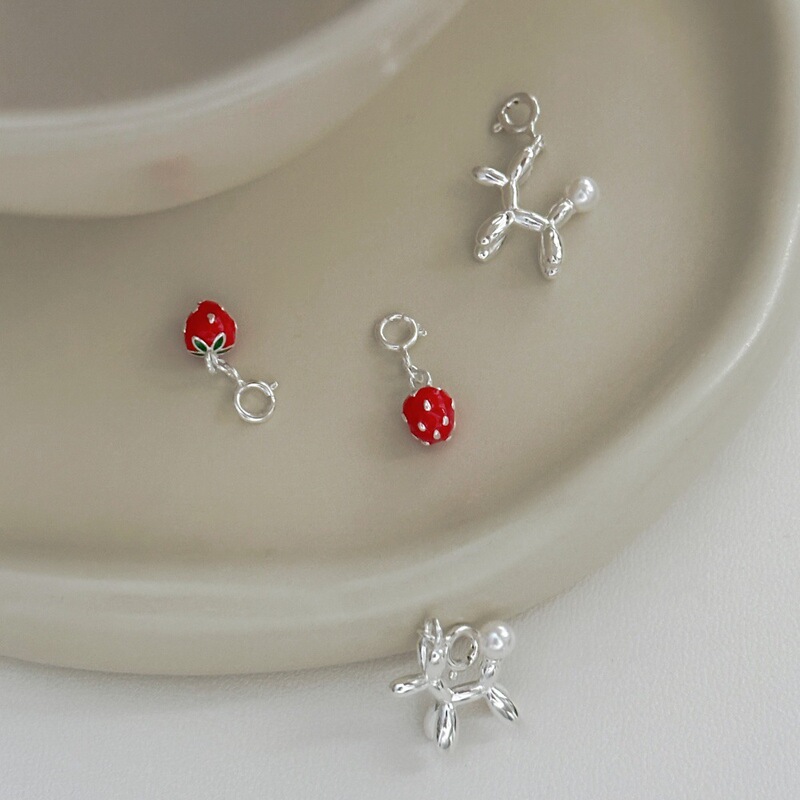 S925 Sterling Silver Playful Pearl Balloon Dog Pendant Necklace for Women, Cute Resin Strawberry Heart DIY Clavicle Chain