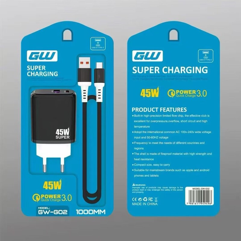 G02 Charger Set with Card Packaging, Two-In-One Fast Charging A+C Dual-Port Super Fast Charger, European Standard G02 Charger Set with Card Packaging, Two-In-One Fast Charging A+C Dual-Port Super Fast Charger, European Standard