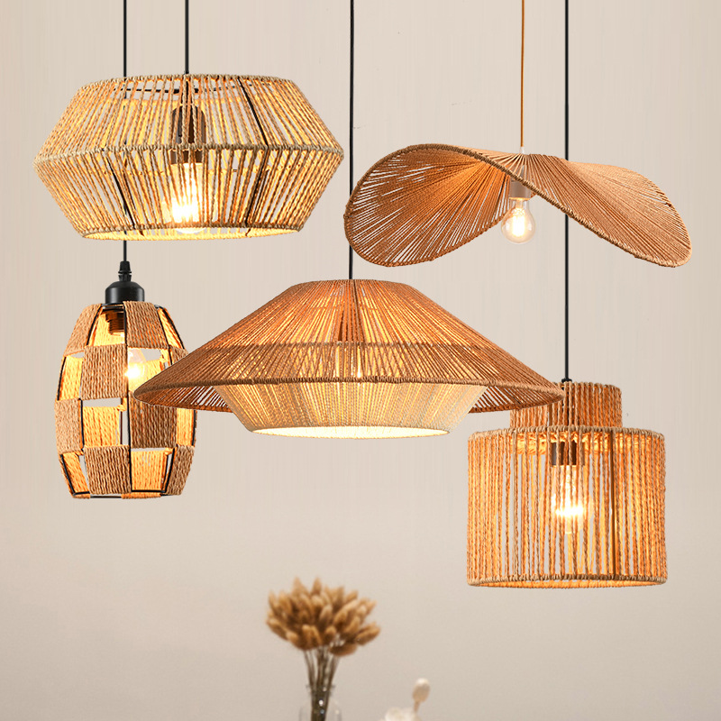 Estilo japonés retro araña simple creativo dormitorio sala de estar lámpara restaurante tejido a mano cama y desayuno cáñamo lámpara de cuerda