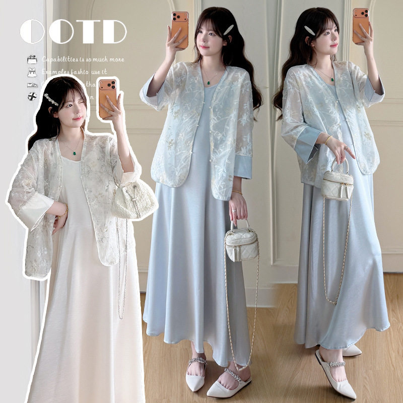 Maternity Wear 2026 Spring/Summer New Style New Chinese-Style Elegant Heavy Craftsmanship Embossed Sun-Protective Shirt and Slip Dress Set Maternity Wear 2026 Spring/Summer New Style New Chinese-Style Elegant Heavy Craftsmanship Embossed Sun-Protective Shirt and Slip Dress Set
