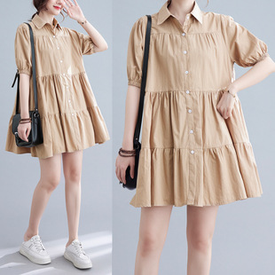 Real Shot of 2025 Summer New Large-Size Korean Style Casual and Loose-Fitting Patchwork Short-Sleeve Shirt Dress for Women