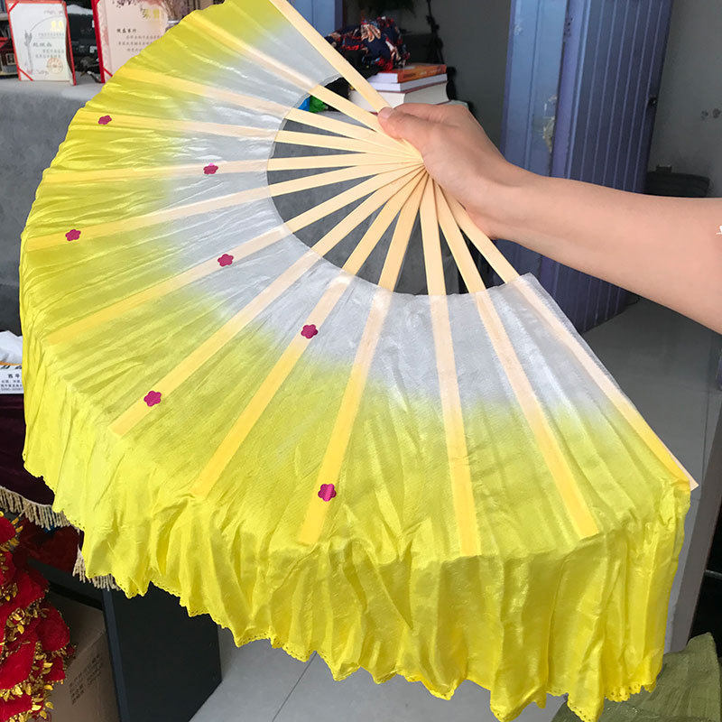 Ventilador de danza luminoso LED tricolor gradiente de seda larga doble cara props de espectáculo de escenario de danza china ventilador luminoso de seda larga