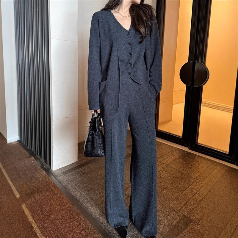 跨境气质通勤针织衫套装女2025秋冬新款加厚开衫马甲阔腿裤三件套|undefined