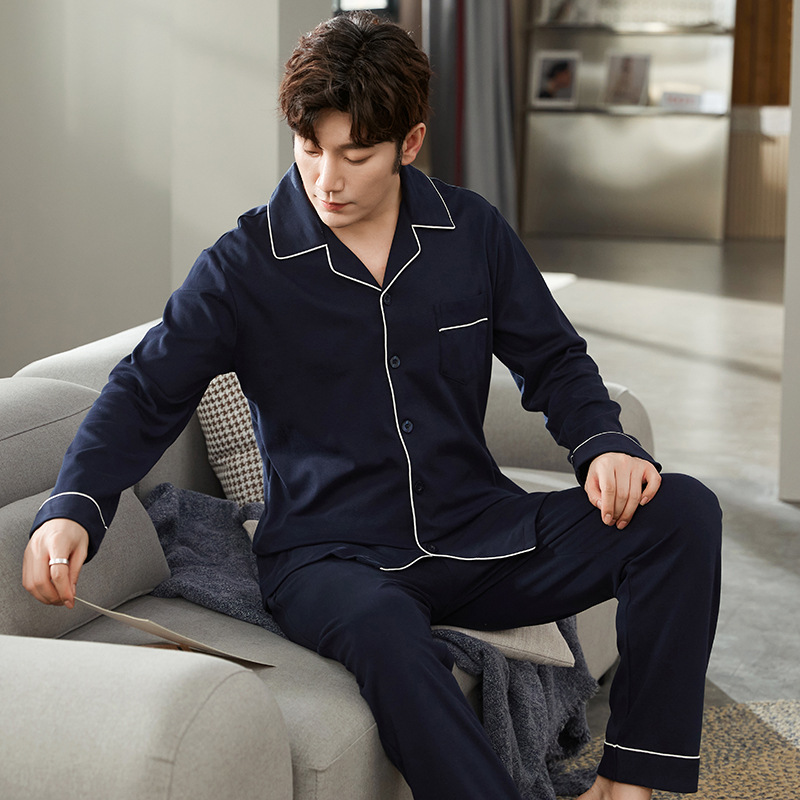 New Long Sleeve Cotton Spring Men's Pajamas Cotton Thin Comfortable and Atmospheric Middle-aged and Young People's Home Clothes Men's Suit