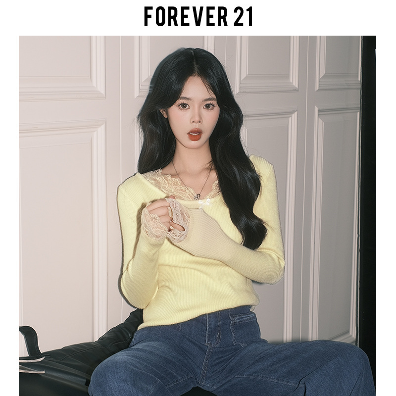 Forever21纯欲杏色蕾丝拼接V领上衣女秋冬法式打底长袖修身针织衫|undefined