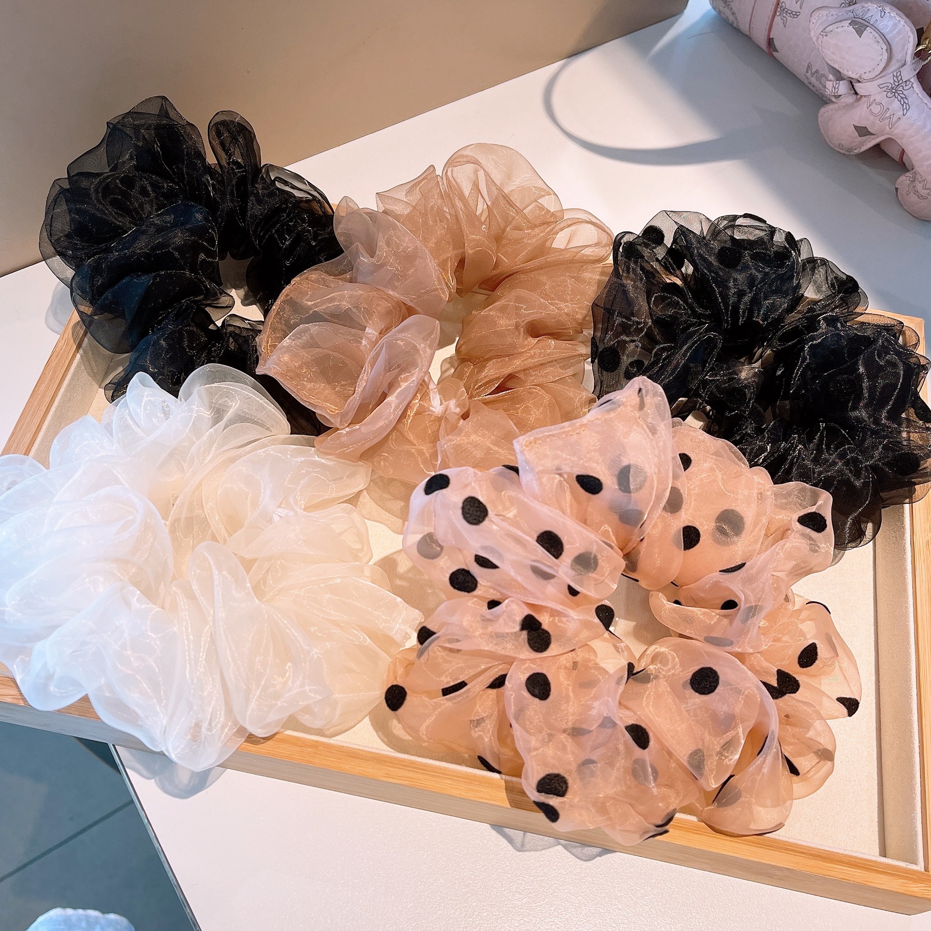 8g Weight Festival Occasion Organza Material Geometric Pattern Women'S Gender Retro Style Khaki, White, Black Color Retro Organza Polka Dot Hair Scrunchies Wholesale Nihaojewelry 7