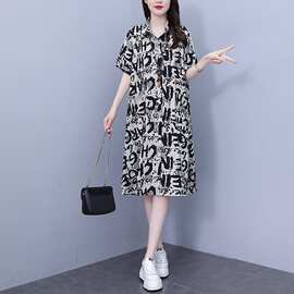 实拍夏季休闲宽松型大码女装连衣裙印花衬衣中长款连衣裙
