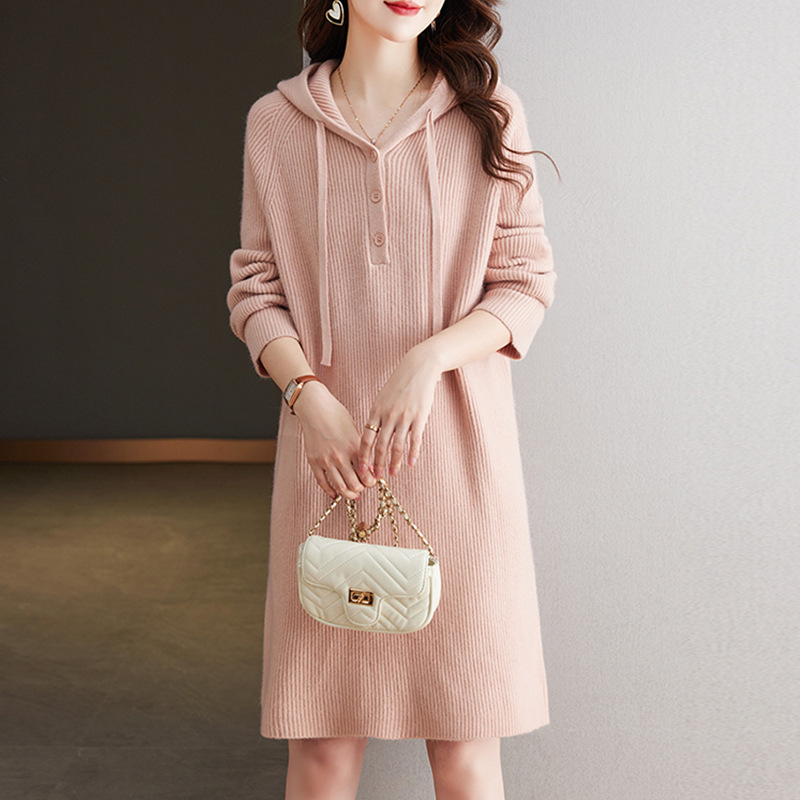 2024 Autumn and Winter New Sweater Women's Loose Hooded Knitwear Mid-length Butt-covering Sweater Women's Loose Base Shirt