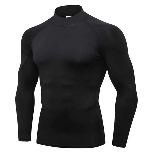 Crew neck men's athletic compression fitness top, long sleeve, high elasticity soccer basketball training suit, quick-drying base layer shirt