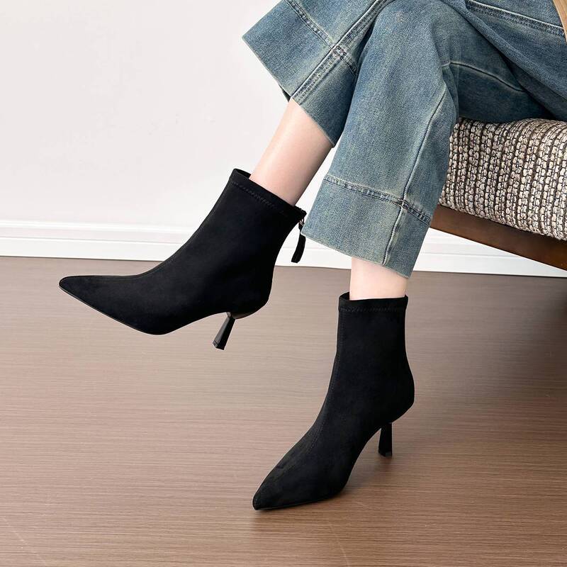 Niche Pointed-Toe Stiletto Ankle Boots for Women, New Autumn and Winter Suede High-Heeled Versatile French-Style Slim Boots