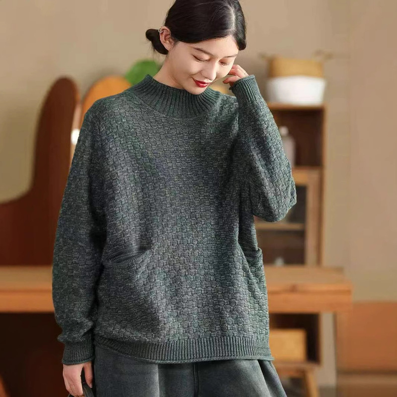 Winter New Retro Multi-strand Knitted Sweater Women's Elegant Half-turtleneck Cotton Pullover Long-sleeved Sweater