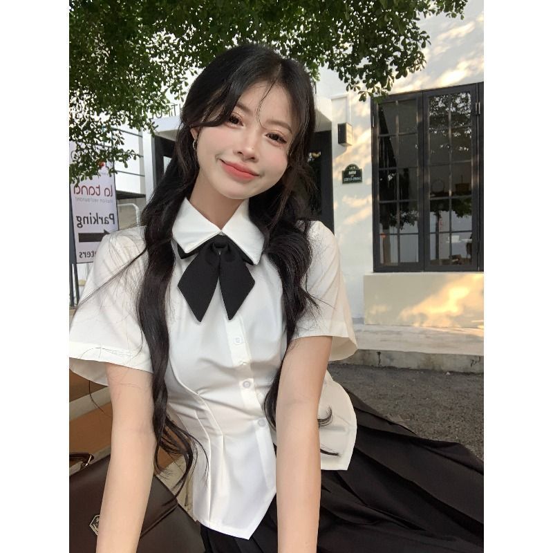 Korean style waist-tight shirt bow white shirt women's summer 2024 New preppy style jk short sleeve sweet and spicy top