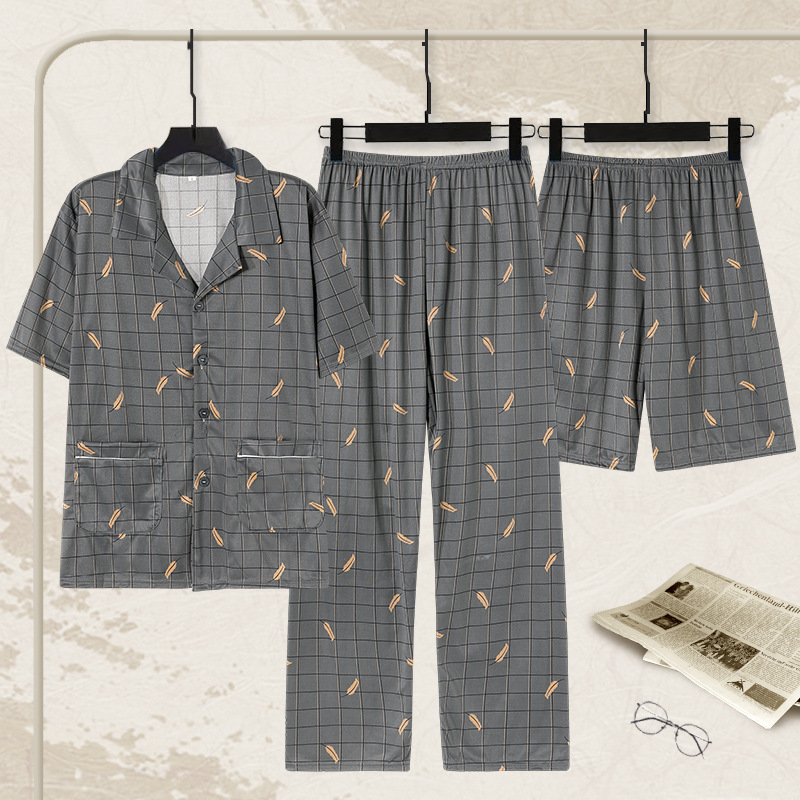 Pijamas de hombre de manga corta pantalones de algodón de tres piezas juveniles de verano para aumentar el conjunto delgado de ropa de hogar de hombre