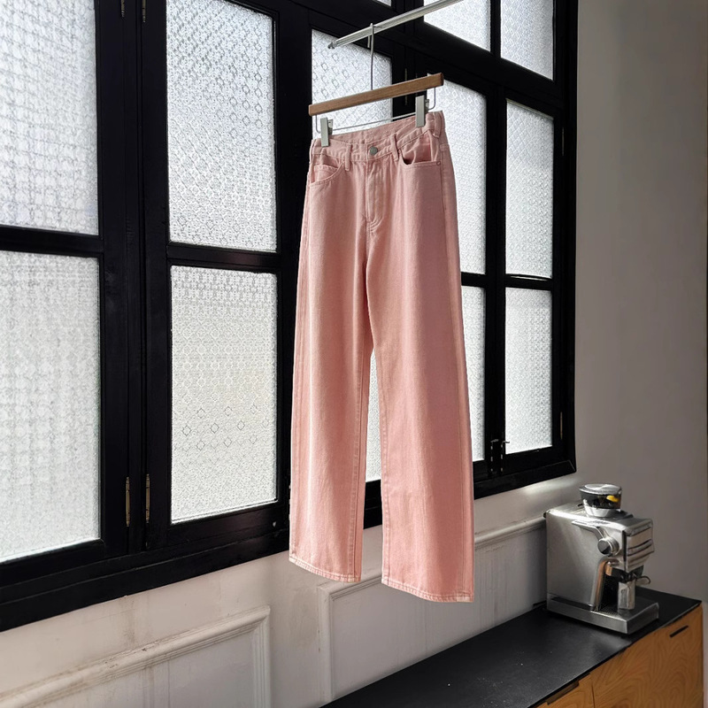 High-Quality 25 Summer New Style 45 Smoke Powder R Retro Jeans Pure Cotton High-Waisted Pants Wide-Leg Pants Straight Pants