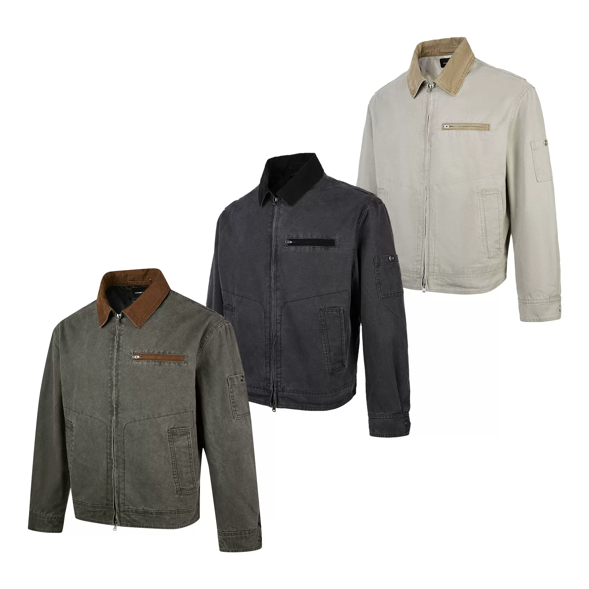 EME  复古水洗珠地棉夹克外套秋季炒盐做旧boxy版型翻领上衣男女