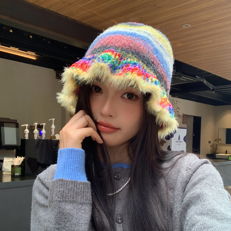 Foreign Trade Cross-Border Rainbow Retro Fisherman For Women, Autumn And Winter Dopamine Warm Thickened Bucket With Ear_voghion.com