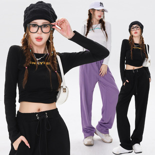 Street Hot Girl Style suit Autumn Jazz Dance Striped Jazz Top Short American Style Retro High Waist Sports Pants for Women