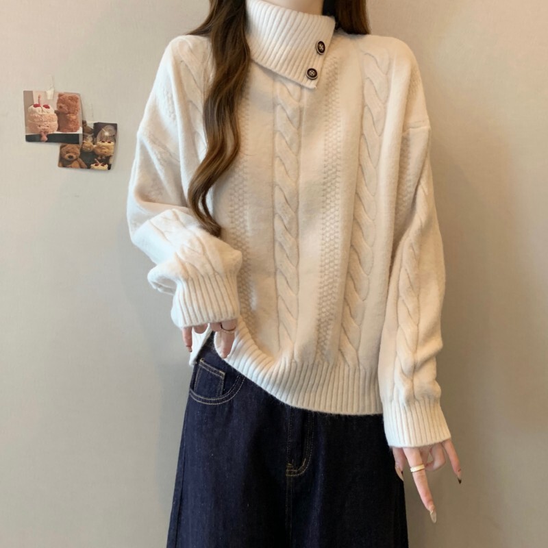 レイジースタイルグレーツイストタートルネックプルオーバーボトミングセーター女性のための秋と冬の厚みのあるデザインインナーボトミングシャツ|undefined