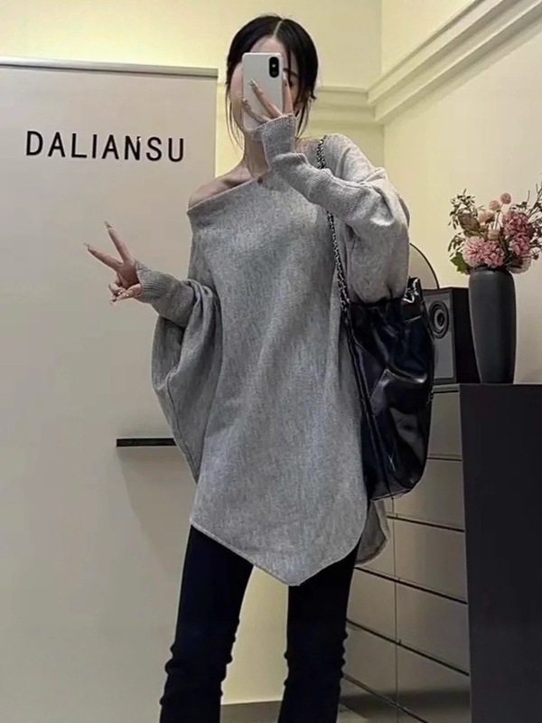 慵懒风V领针织衫毛衣外套2025春秋新款不规则设计感蝙蝠袖女上衣|undefined