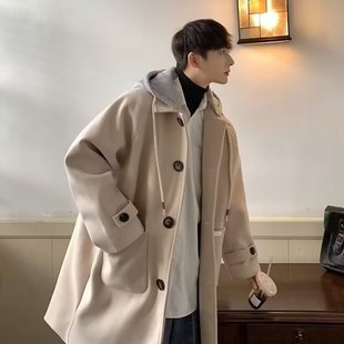 New Hooded Teenager Winter Single-breasted Trendy Long Woolen Coat Coat Autumn and Winter Woolen Coat Solid Color