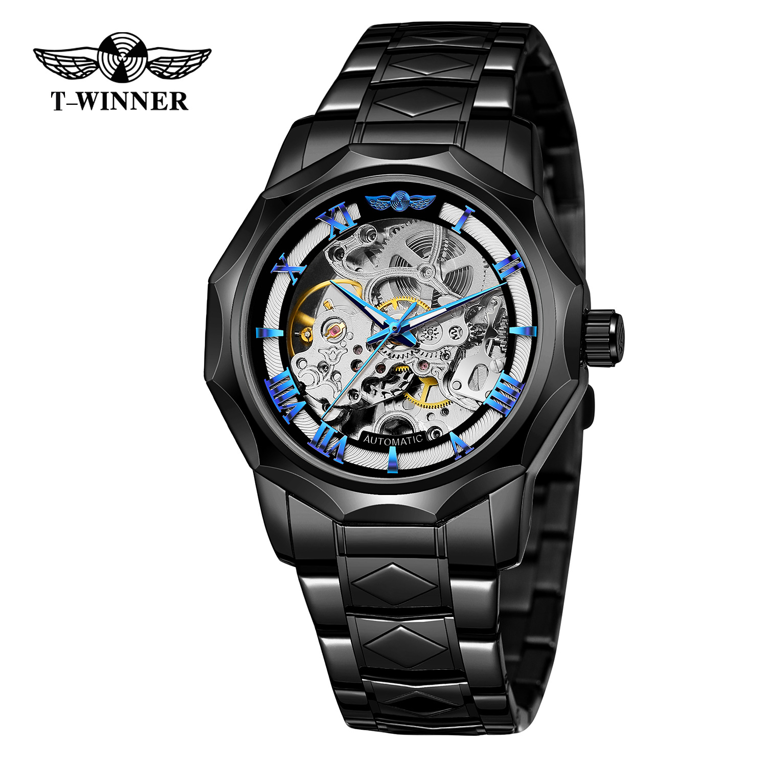 Nuevo ganador de polígono europeo y americano reloj mecánico de los hombres moda casual hueco de fondo transparente reloj automático