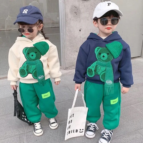 Children's Bear Set Autumn Korean Version New Baby Hooded Sweatshirt Trendy Cool Stylish and Charming Street Style Two-Piece Set