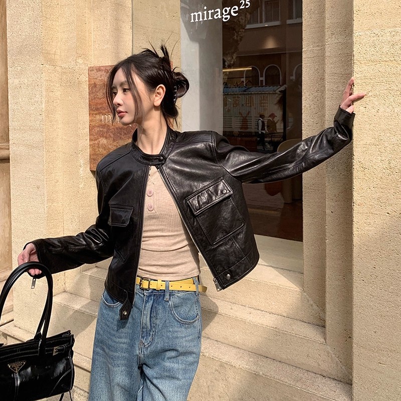 Haining 2026 Autumn and Winter New Style Genuine Leather Jacket for Women, Short Thin Oil Wax Leather Zip-Up Cowhide Jacket Coat Haining 2026 Autumn and Winter New Style Genuine Leather Jacket for Women, Short Thin Oil Wax Leather Zip-Up Cowhide Jacket Coat