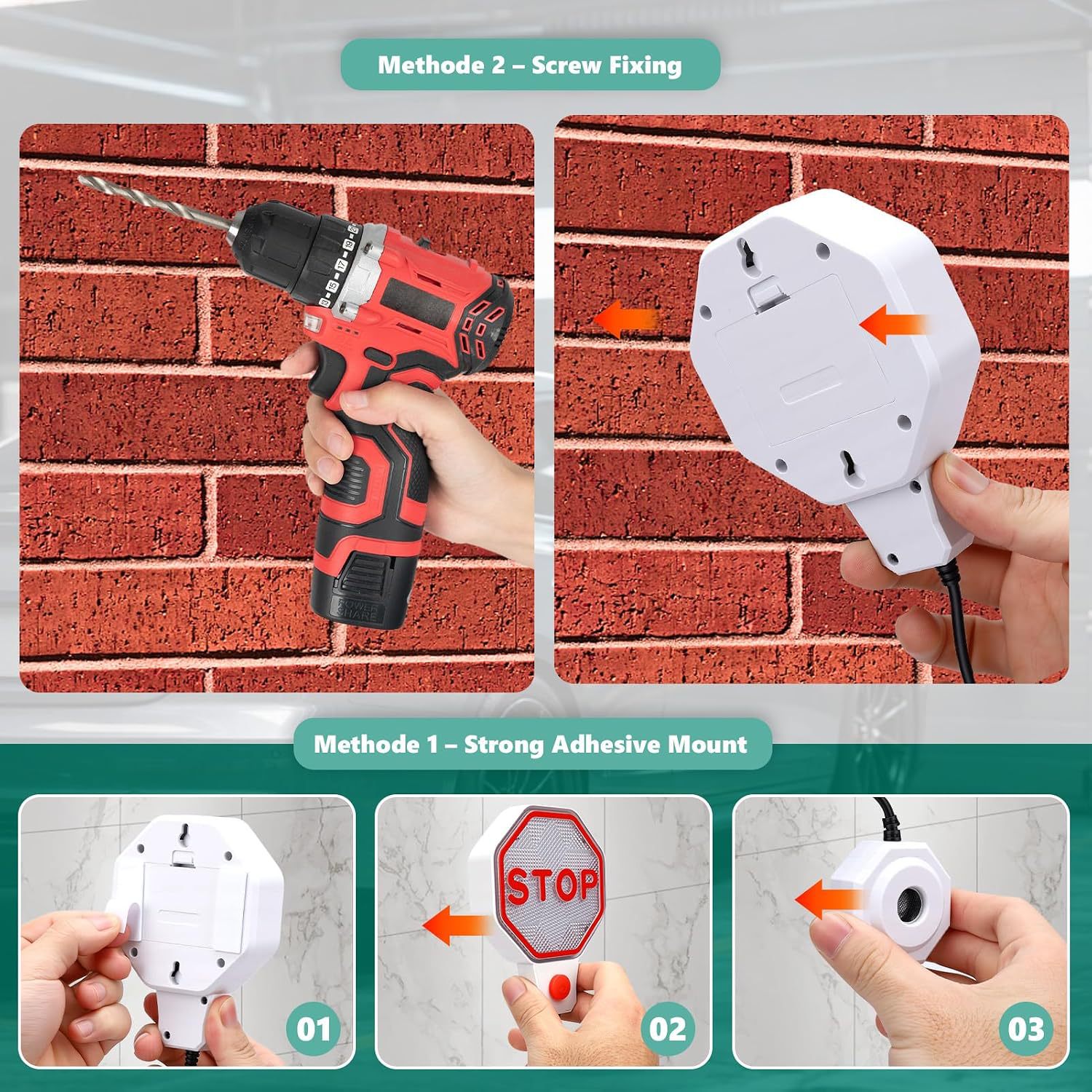 Adjustable garage parking sensor auxiliary device, with LED indicator light and dual-power rotary connector