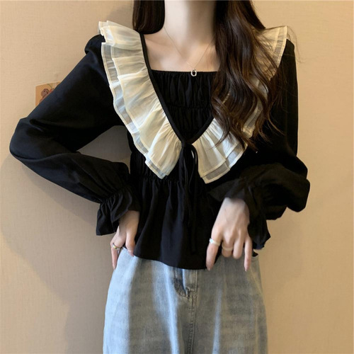 2025 Plus Size Women's French Pleat Long-Sleeve Shirt Autumn New Fat Hiding Stomach Slimming Top Women's Upper Garment