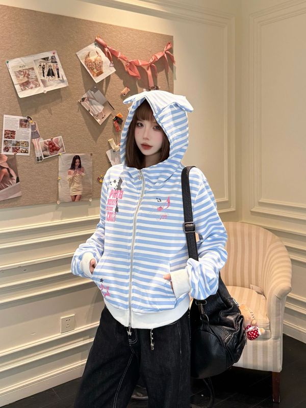 轻亚条纹短款连帽开衫卫衣女2025春秋新款甜辣宽松耳朵设计短外套|undefined