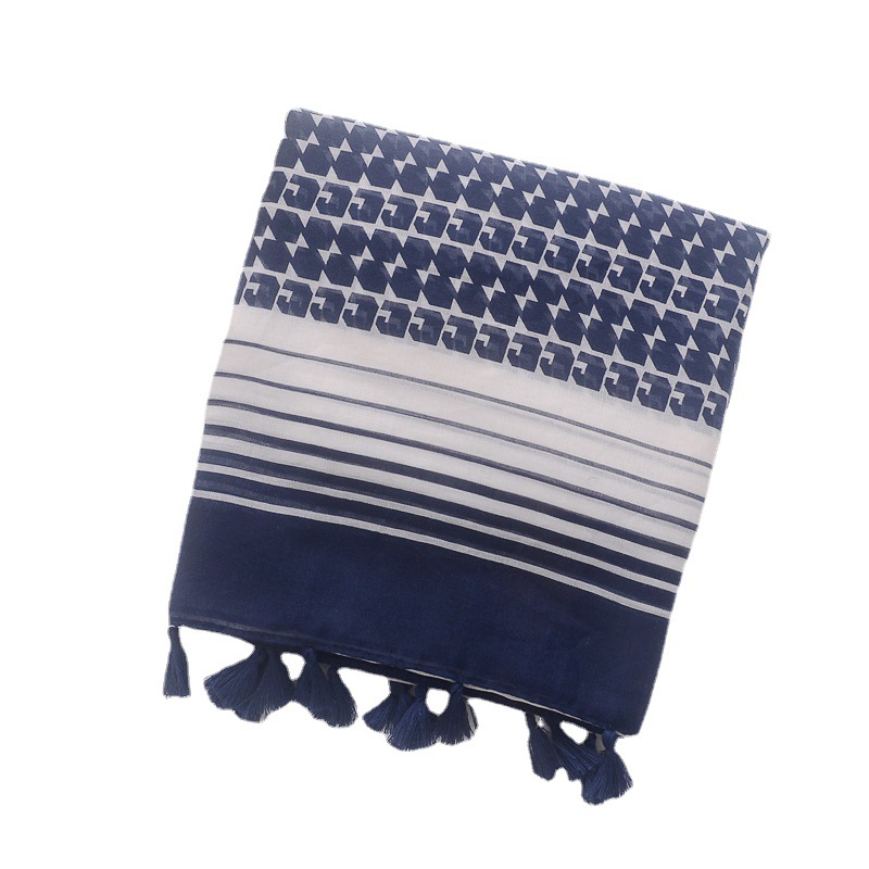 Comercio exterior bufanda de seda fresca borla larga de las mujeres chal de doble uso azul marino patrón geométrico de algodón y lino sensación bufanda impresa