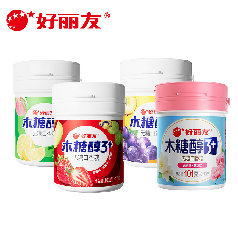 好丽友木糖醇无糖口香糖101g*24罐装Q立方整箱批发3+儿童零食糖果