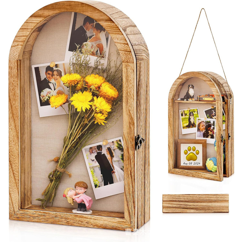 Cross-Border Wooden Photo Frame Display Box, Solid Wood Vintage Country-Style Wooden Shadow Box, Hanging Decorative Photo Frame Box