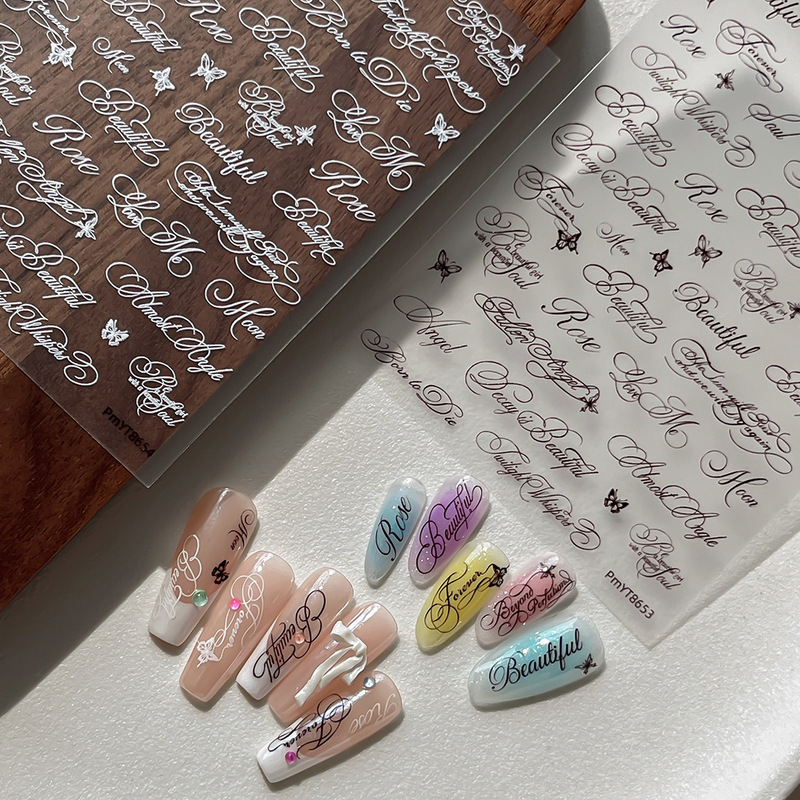 English letter nail art stickers, trendy white and black lettering, simple ins-style personalized nail stickers English letter nail art stickers, trendy white and black lettering, simple ins-style personalized nail stickers
