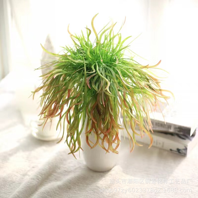 Simulation 7-fork Wicker Dragon grass short flat grass plant grass wedding decoration plastic flower with light beam factory wholesale