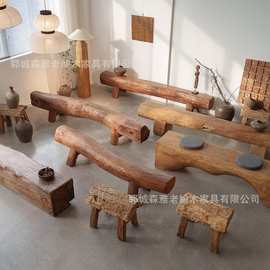 榆木风化长条凳实木床尾凳侘寂风民宿酒店装饰品木墩换鞋凳