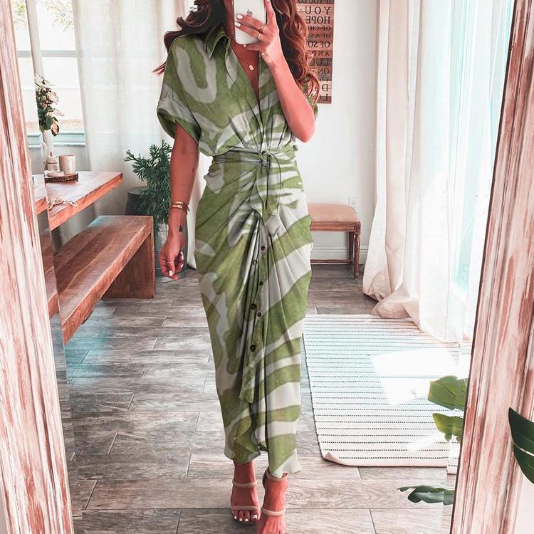 Irregular Skirt Dresses Type Regular Sleeve Sleeve Type Polyester Fabric Type Wholesale Women'S Vintage Style Printing Stripe Holiday V Neck Short Sleeve Irregular Skirt
