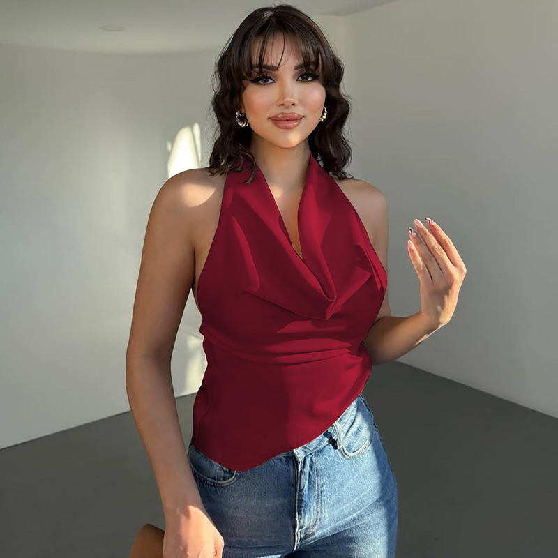 European and American Cross-border Women's Clothing 2025 Summer New Fashion Spice Girls Sexy Backless Solid Color Slim-fit Lace-up Tube Top Trendy