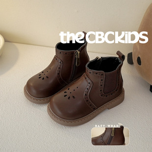Xshx [Brock Style] Children's Leather Boots 2023 Autumn and Winter New Style Plus Velvet Retro Chelsea Boots for Boys and Girls