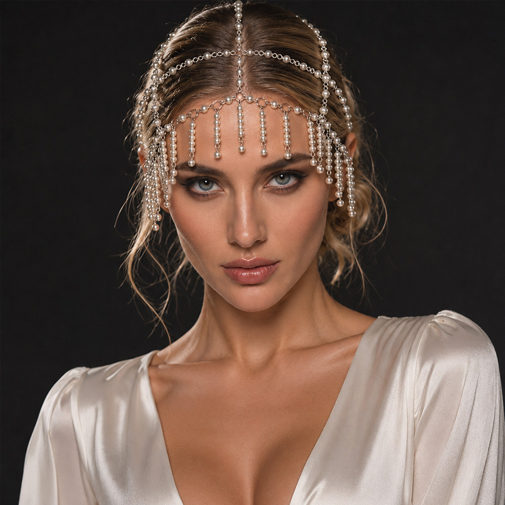 Cross-Border Amazon Pearl Tassel Hair Net Headpiece European and American Hollow Bridal Wedding Net Hat Women's Hair Chain
