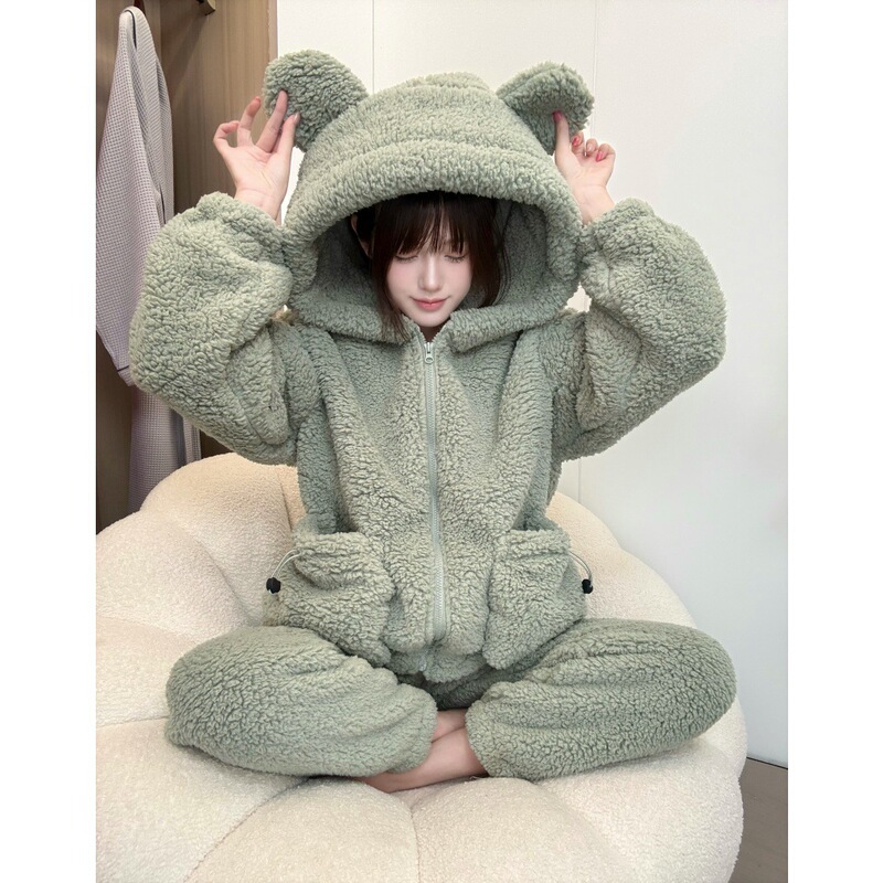 Lazy and cozy teddy bear pajamas, high-quality teddy fleece hooded zip-up autumn and winter warm loungewear set Lazy and cozy teddy bear pajamas, high-quality teddy fleece hooded zip-up autumn and winter warm loungewear set