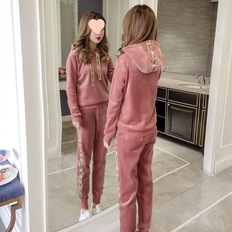Cross-border Leisure Sports suit Women's Fashion New Autumn and Winter Long-sleeved fleece-lined Thickened Sweater Women's Gold Velvet Two-piece Set